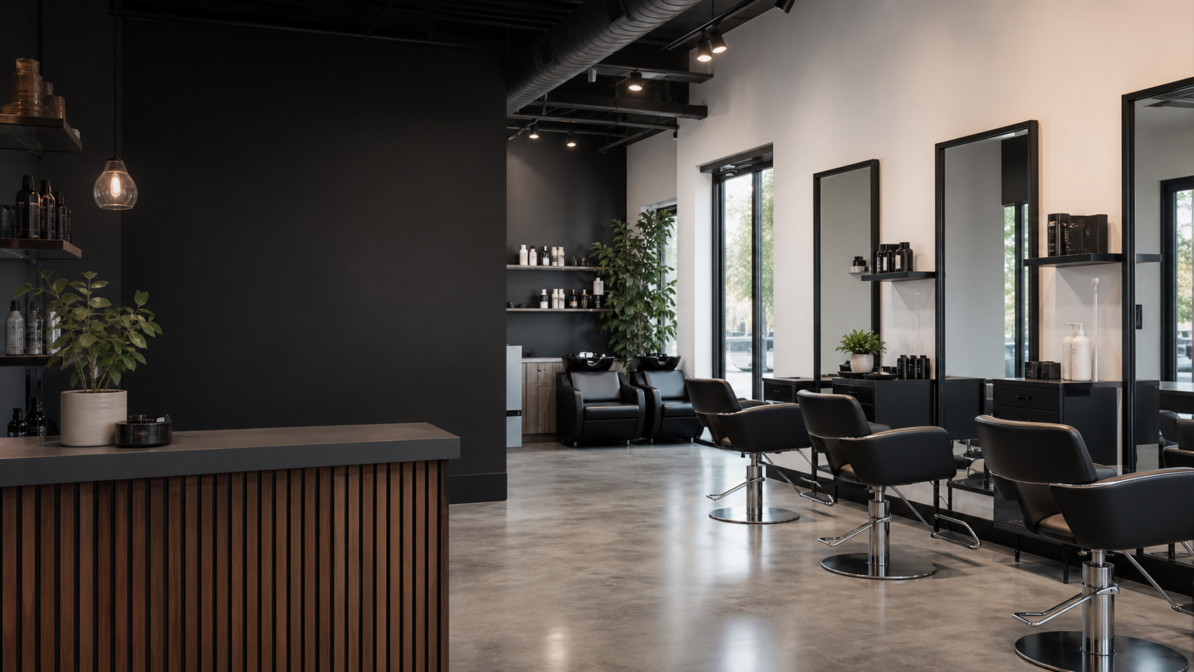 Moderner Friseursalon mit Stylingplätzen und Spiegeln